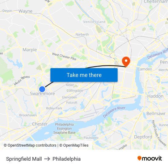 Springfield Mall to Philadelphia map