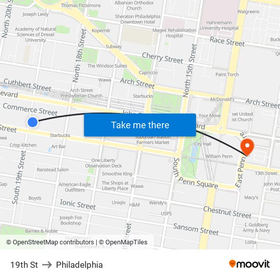 19th St to Philadelphia map