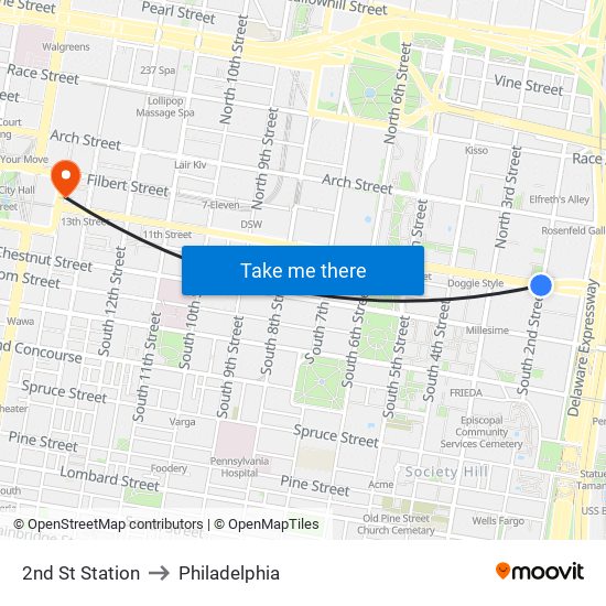 2nd St Station to Philadelphia map