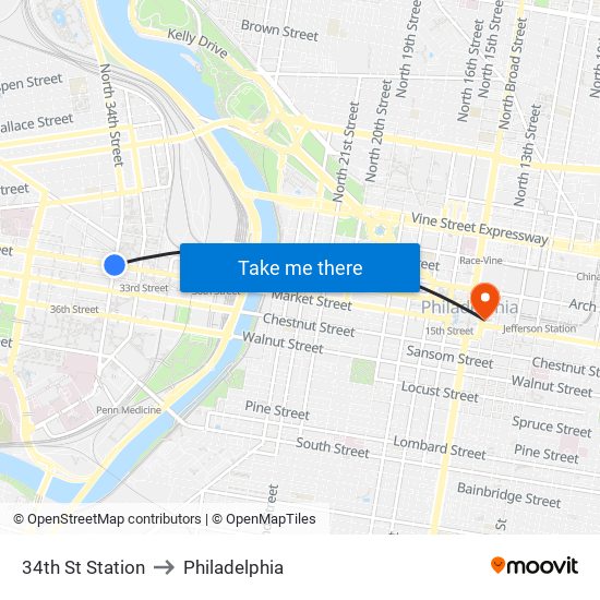 34th St Station to Philadelphia map