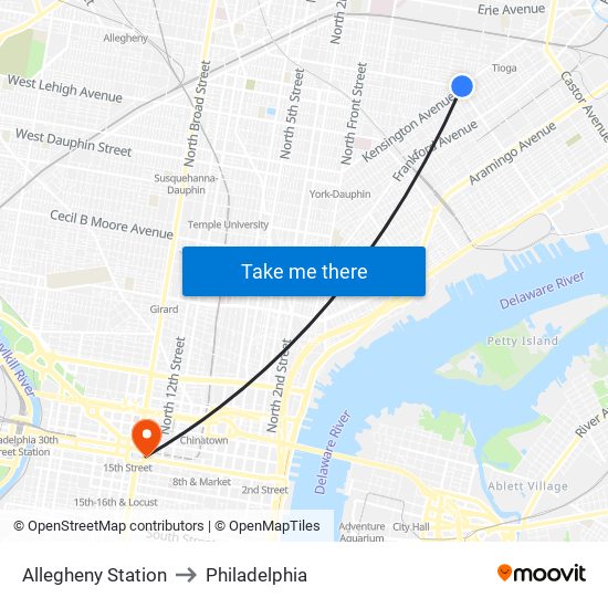Allegheny Station to Philadelphia map