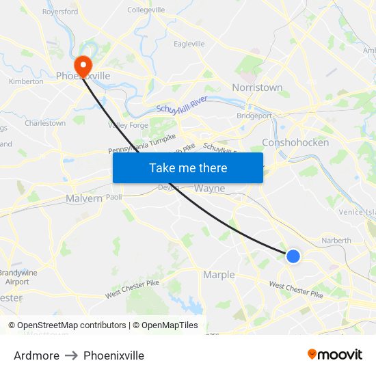 Ardmore to Phoenixville map