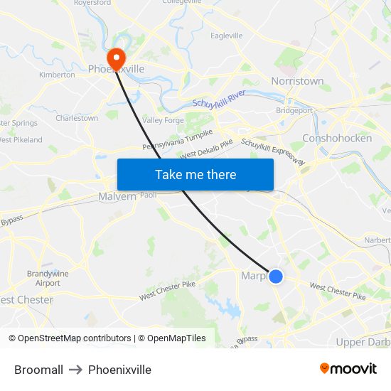 Broomall to Phoenixville map