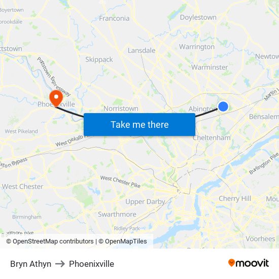 Bryn Athyn to Phoenixville map