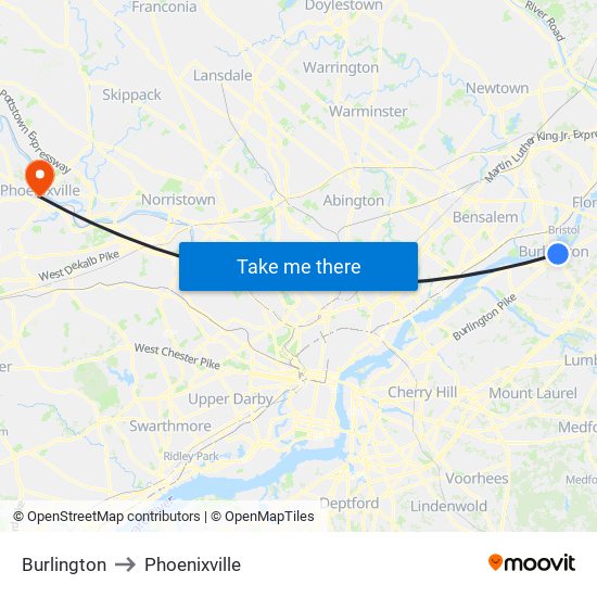 Burlington to Phoenixville map