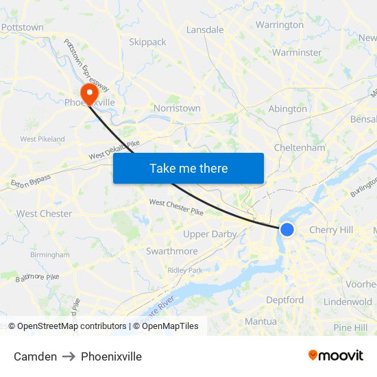 Camden to Phoenixville map