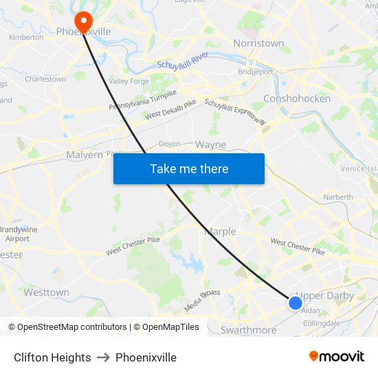 Clifton Heights to Phoenixville map