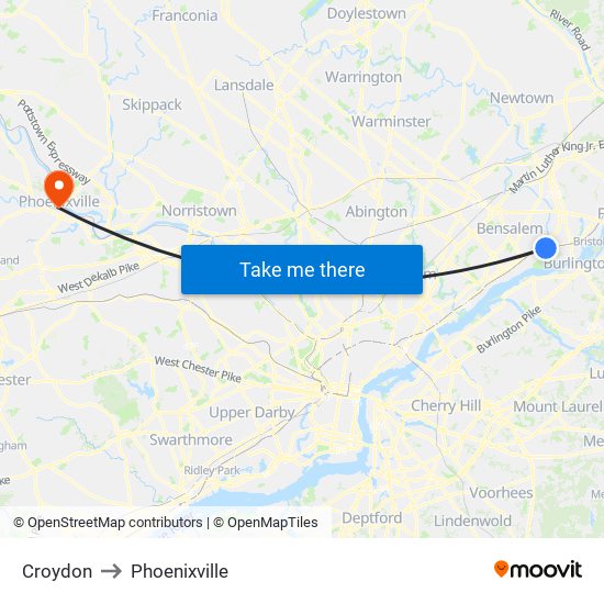 Croydon to Phoenixville map