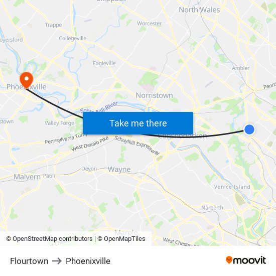 Flourtown to Phoenixville map