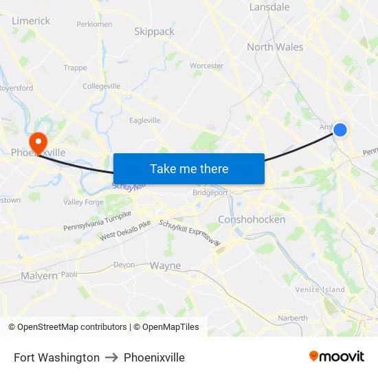 Fort Washington to Phoenixville map