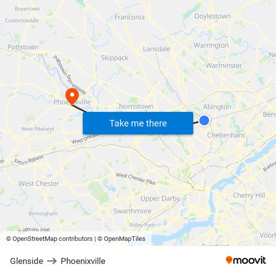 Glenside to Phoenixville map