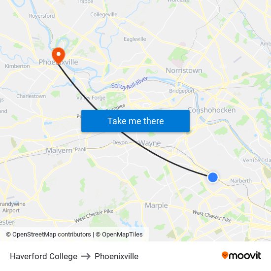 Haverford College to Phoenixville map