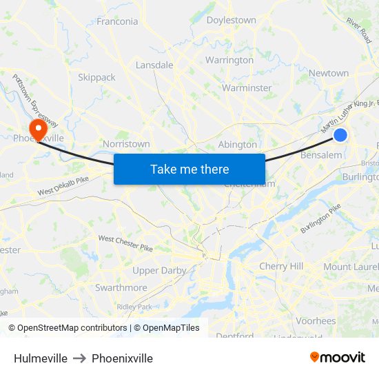 Hulmeville to Phoenixville map