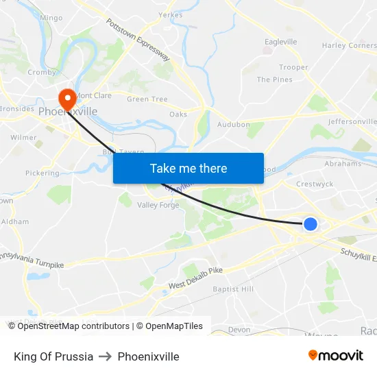 King Of Prussia to Phoenixville map