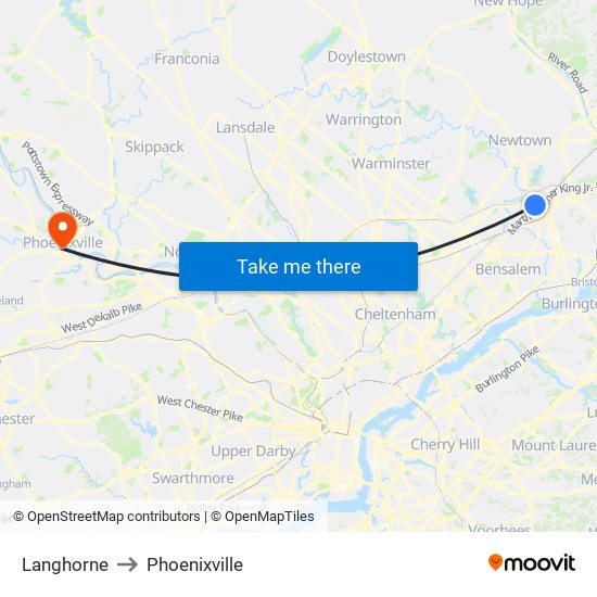 Langhorne to Phoenixville map