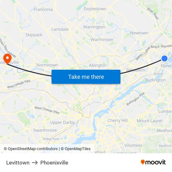 Levittown to Phoenixville map