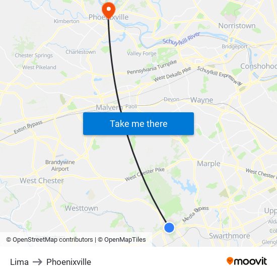 Lima to Phoenixville map