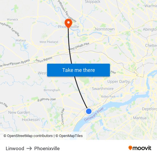 Linwood to Phoenixville map