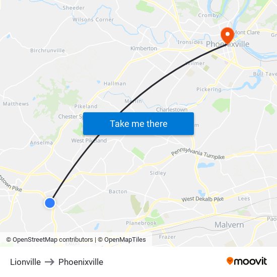 Lionville to Phoenixville map