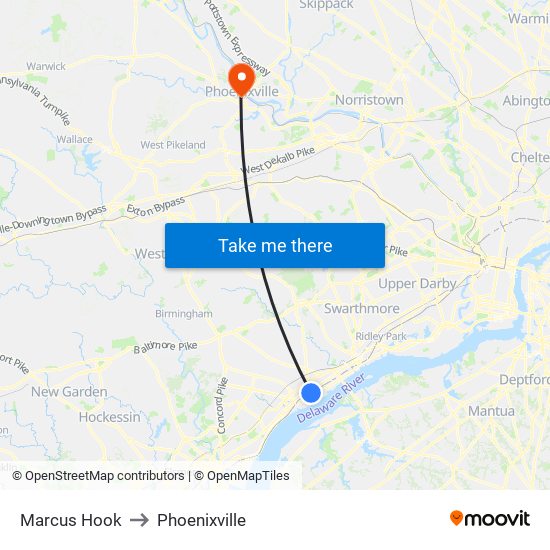 Marcus Hook to Phoenixville map