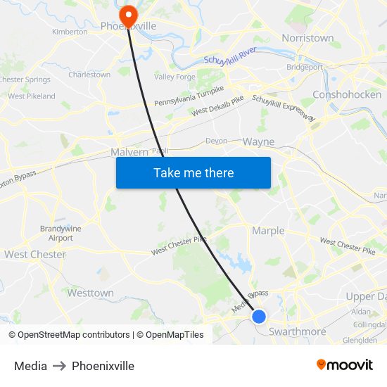 Media to Phoenixville map