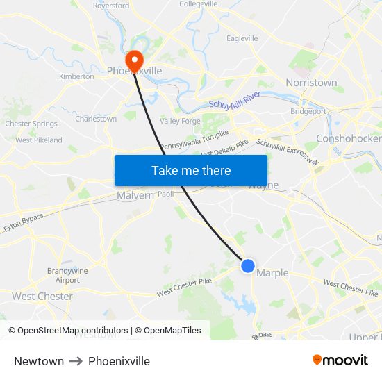 Newtown to Phoenixville map