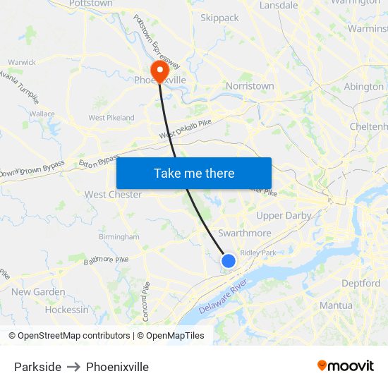 Parkside to Phoenixville map