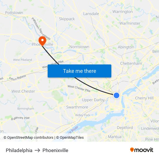 Philadelphia to Phoenixville map