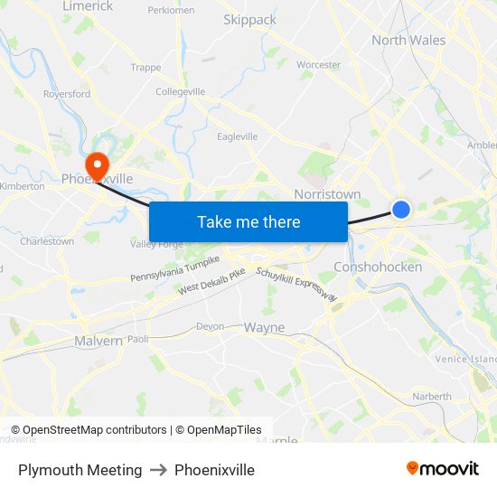 Plymouth Meeting to Phoenixville map