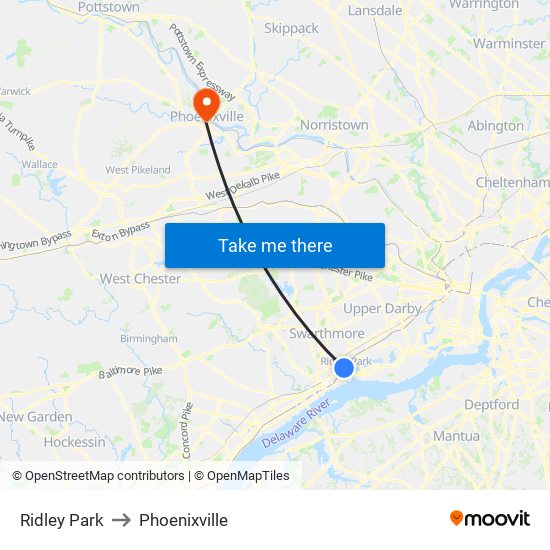 Ridley Park to Phoenixville map