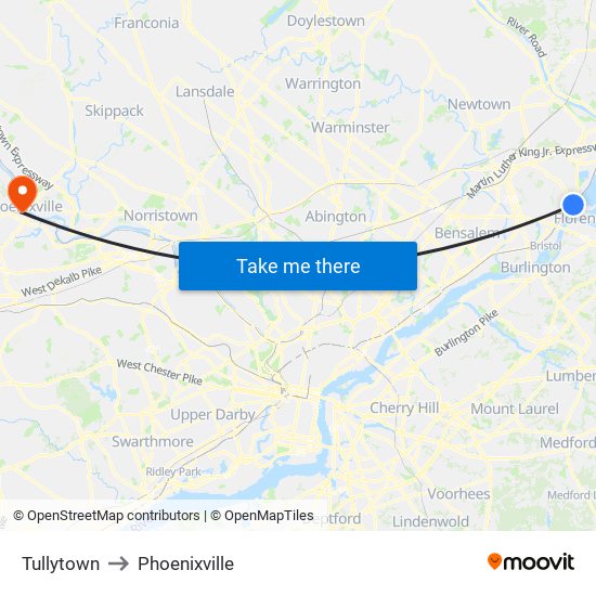 Tullytown to Phoenixville map