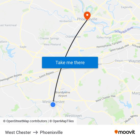 West Chester to Phoenixville map