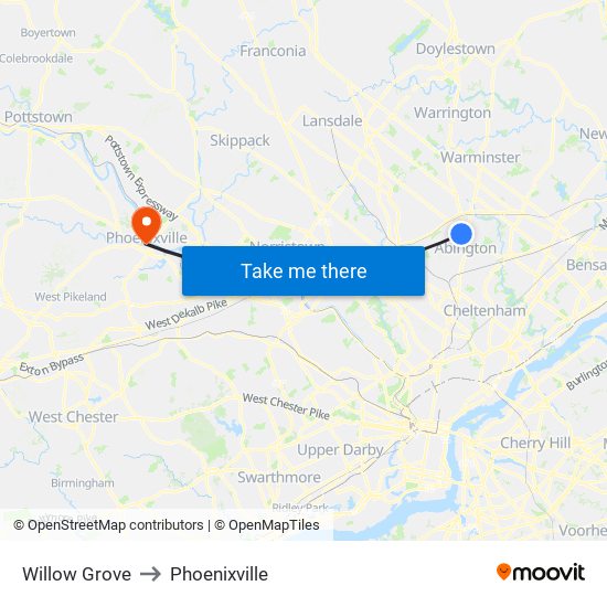Willow Grove to Phoenixville map