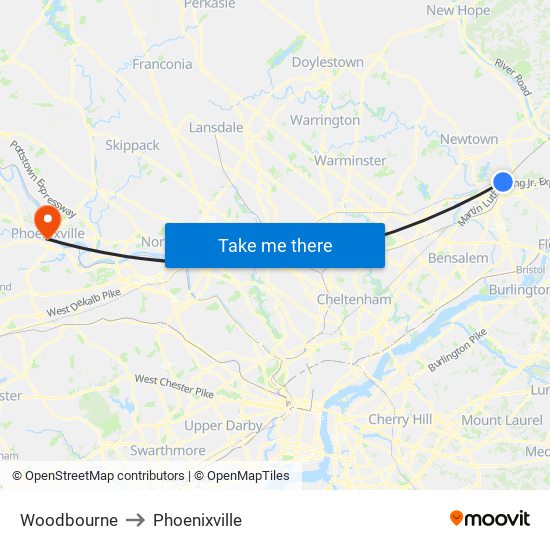 Woodbourne to Phoenixville map