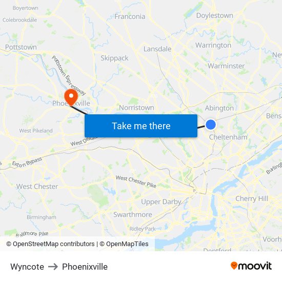 Wyncote to Phoenixville map