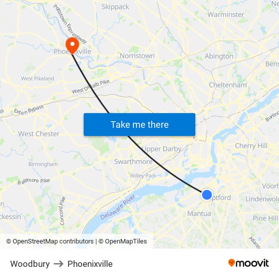 Woodbury to Phoenixville map