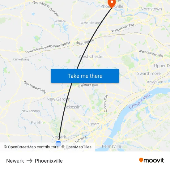Newark to Phoenixville map