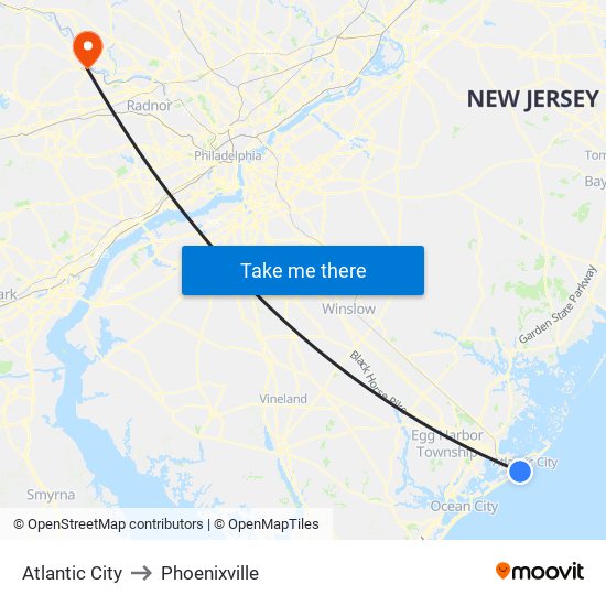 Atlantic City to Phoenixville map