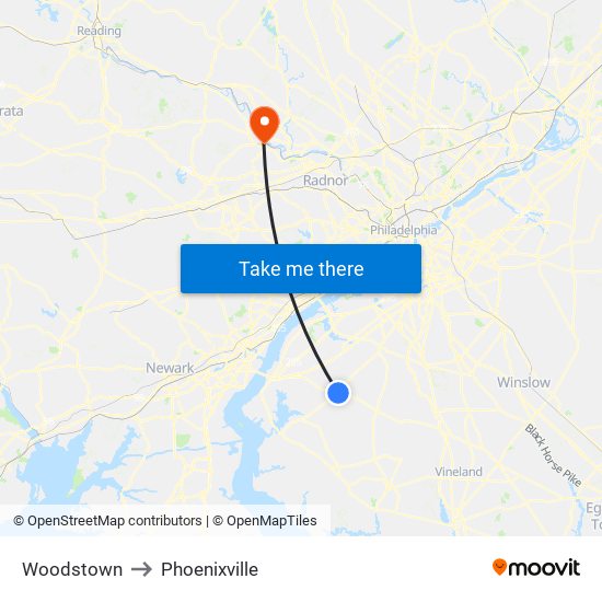 Woodstown to Phoenixville map