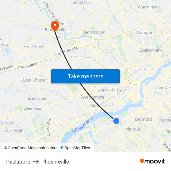 Paulsboro to Phoenixville map