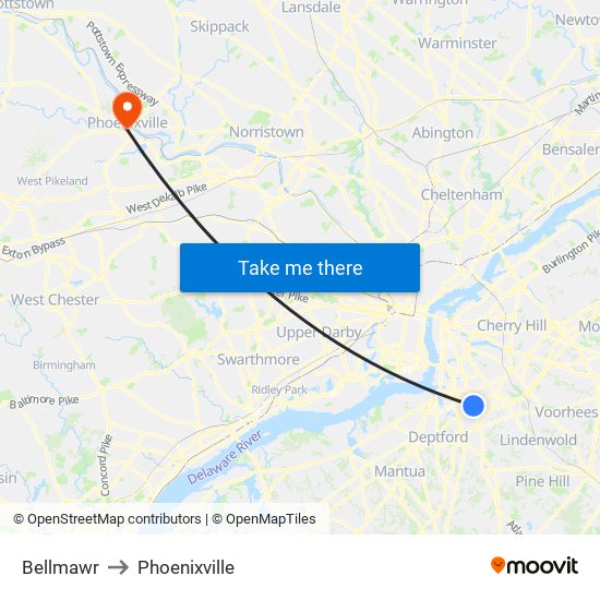 Bellmawr to Phoenixville map