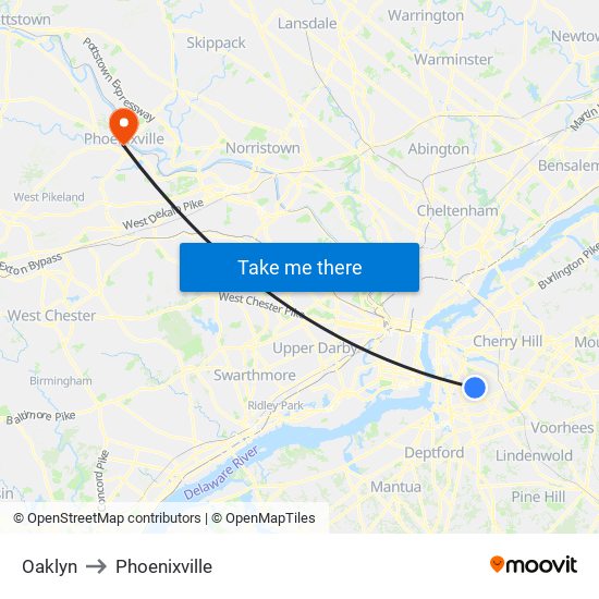 Oaklyn to Phoenixville map