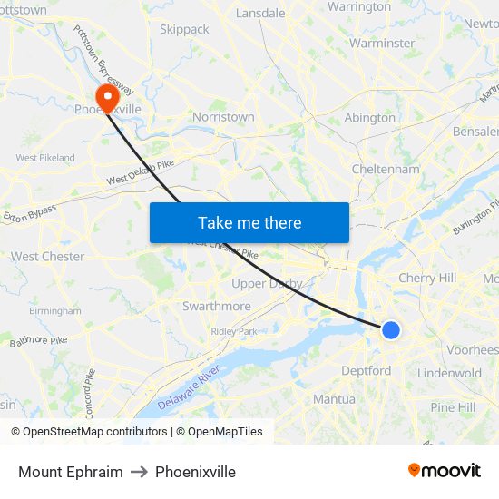 Mount Ephraim to Phoenixville map