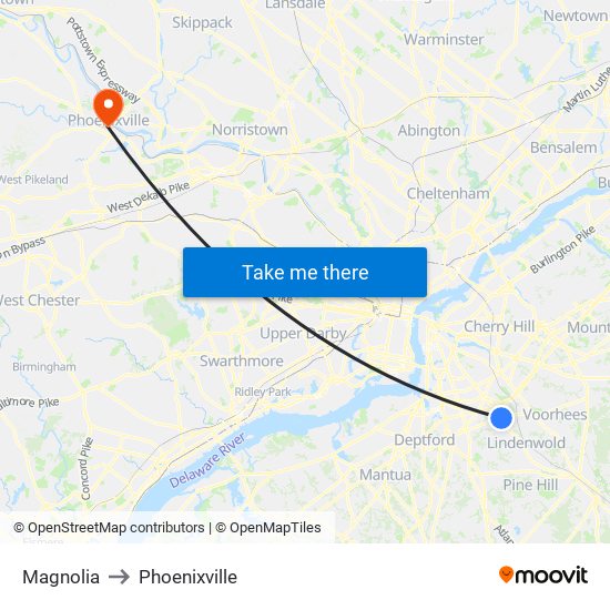 Magnolia to Phoenixville map
