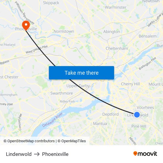 Lindenwold to Phoenixville map