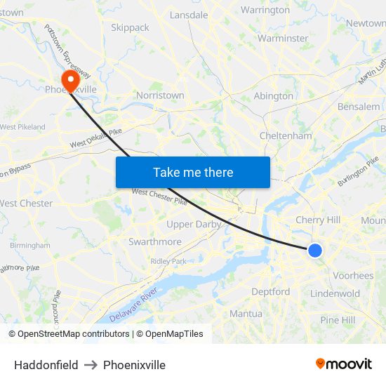 Haddonfield to Phoenixville map