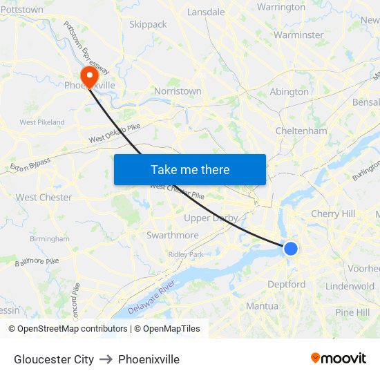 Gloucester City to Phoenixville map