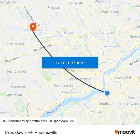 Brooklawn to Phoenixville map
