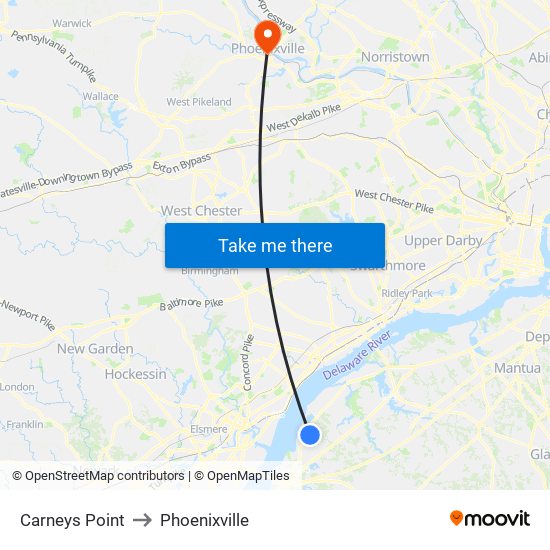 Carneys Point to Phoenixville map