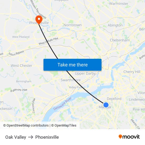 Oak Valley to Phoenixville map